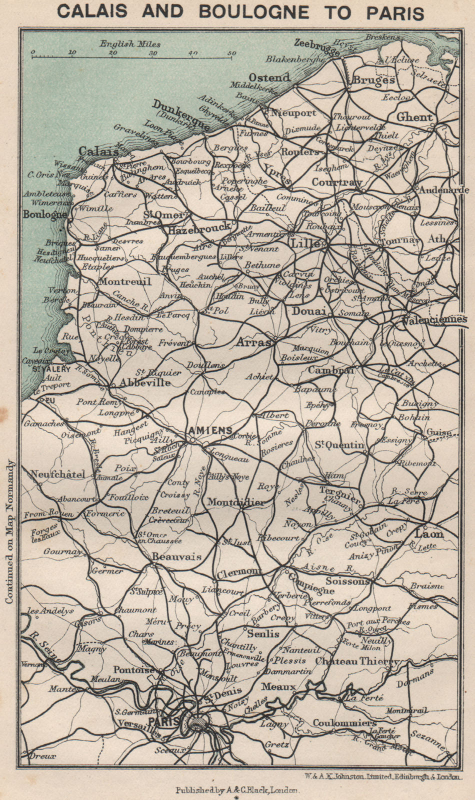 Pas-de-Calais & Somme railways chemins de fer. Calais Boulogne to Paris 1913 map